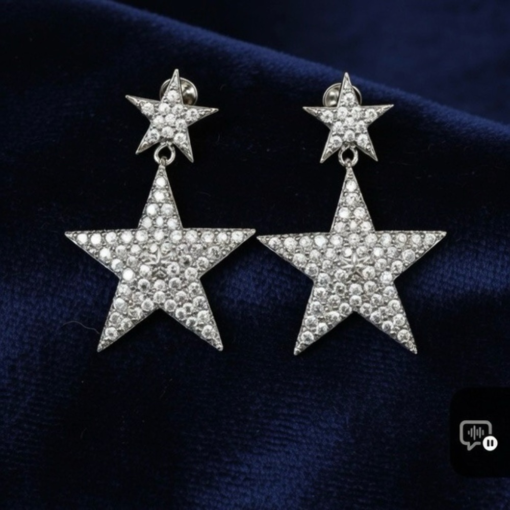 VTG ~ TARA Signed Silver Star Crystal Drop Earrings clip on